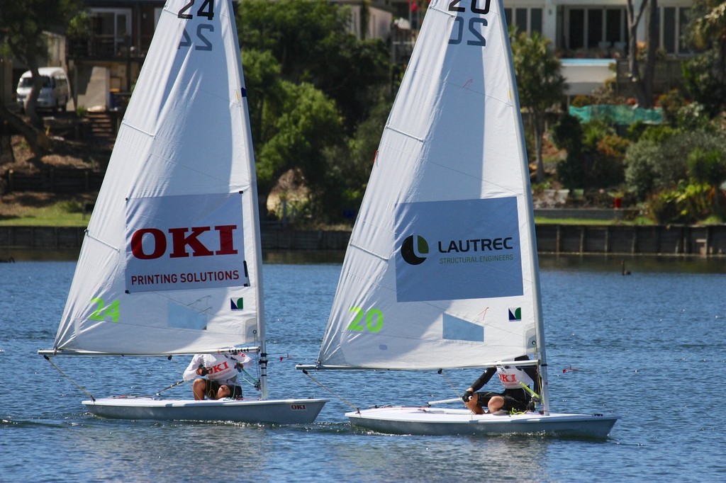 Eventual winners Thomas and Jason Saunders (Lautrec) lead the second placegtetrs, on a quiet Lake Pupuke - OKI 24hrs Race 2013, Lake Pupuke © Richard Gladwell www.photosport.co.nz